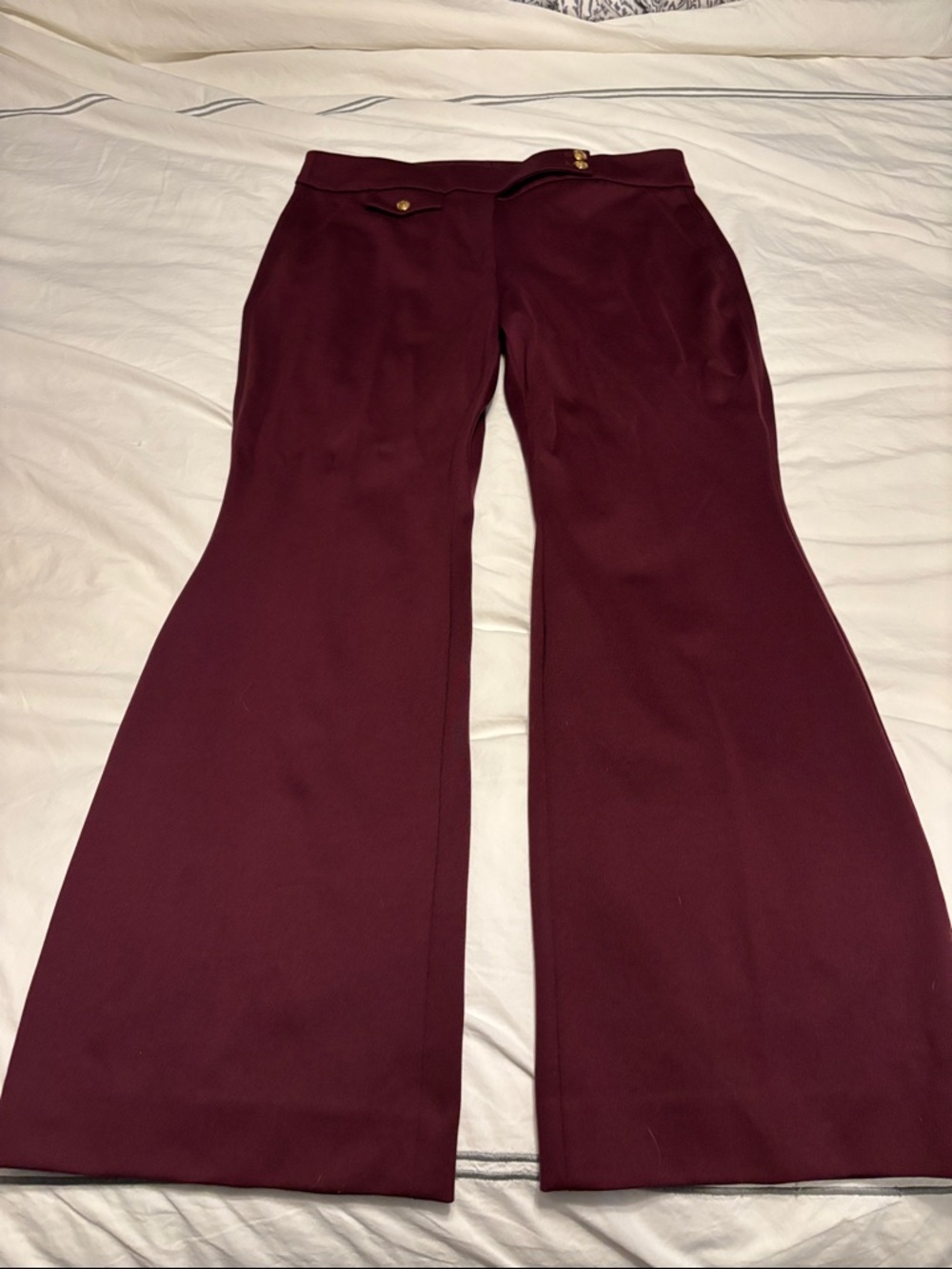White House Black Market Burgundy Flare Pants with Gold Button Detail